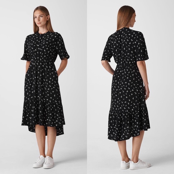 WHISTLES Eva Camilla Printed High Low Midi Dress in Black - Picture 1 of 9